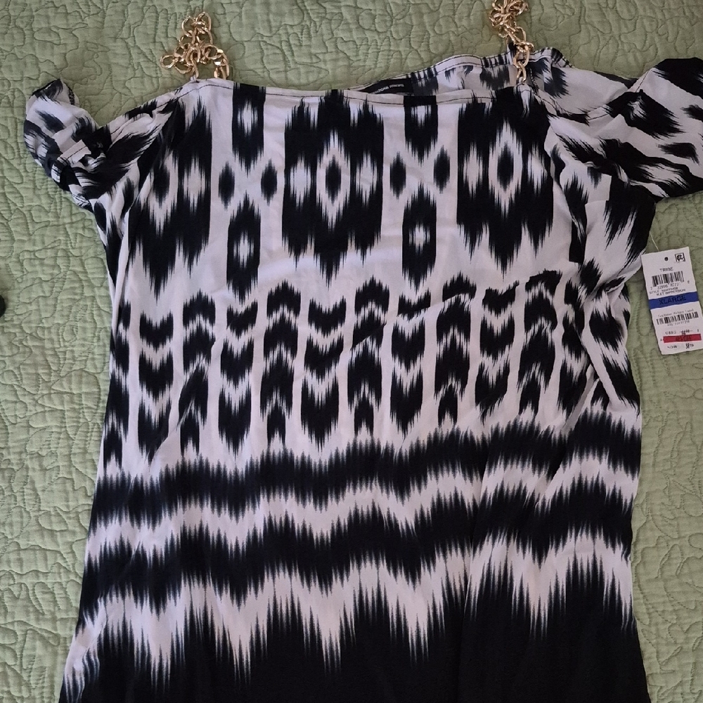 INC International Concepts Black and White Blouse with Gold Chain Straps
